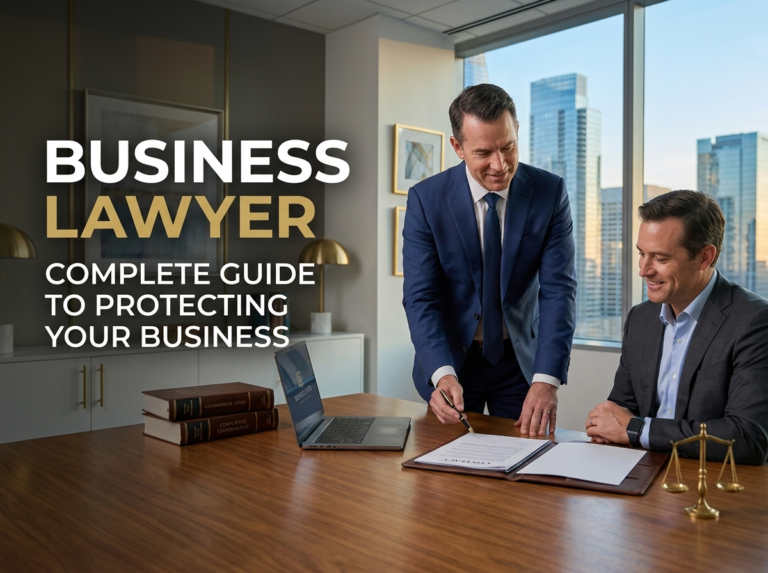 Business Lawyer meeting with a business owner to review legal contracts and provide professional legal advice in a modern office.